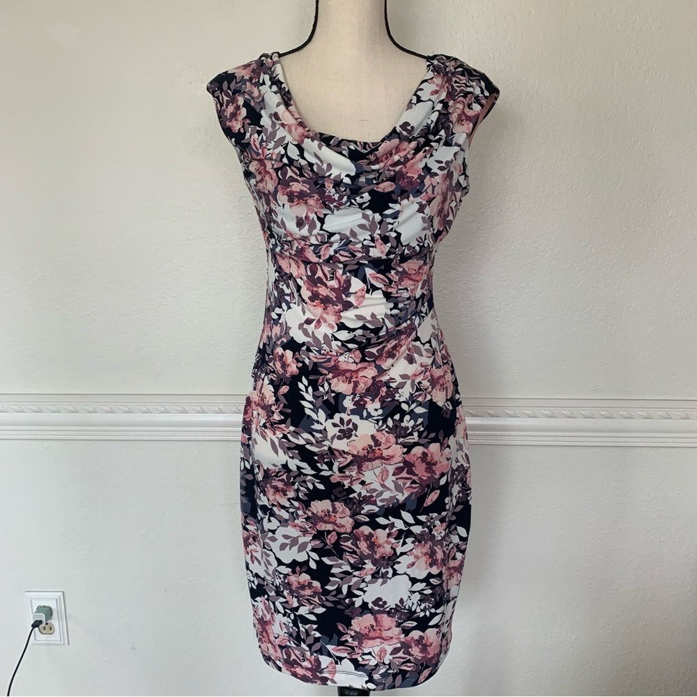 Floral faux wrap knit dress